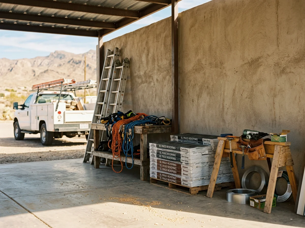 Roofing crew and tools ready for residential roof work on a residential property.