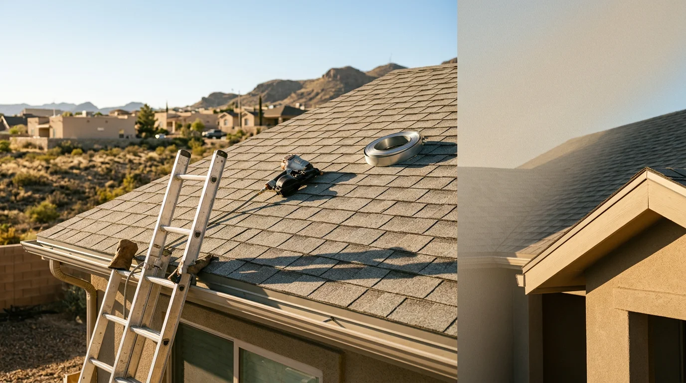 Residential roofing contractor working on roof in El Paso