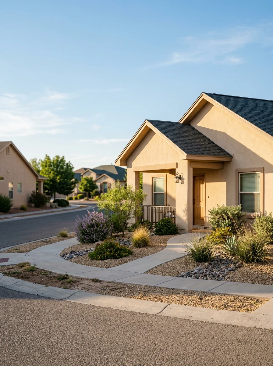 Portrait view of a completed home in East El Paso neighborhood with local architectural style and desert surroundings.