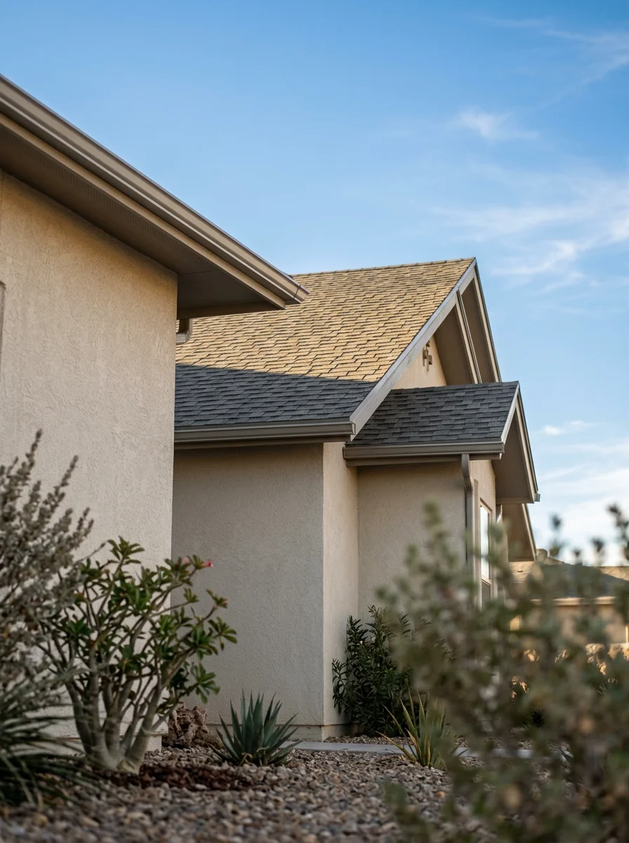 Close-up of a completed home exterior in El Paso with desert-adapted landscaping and clear blue sky overhead.