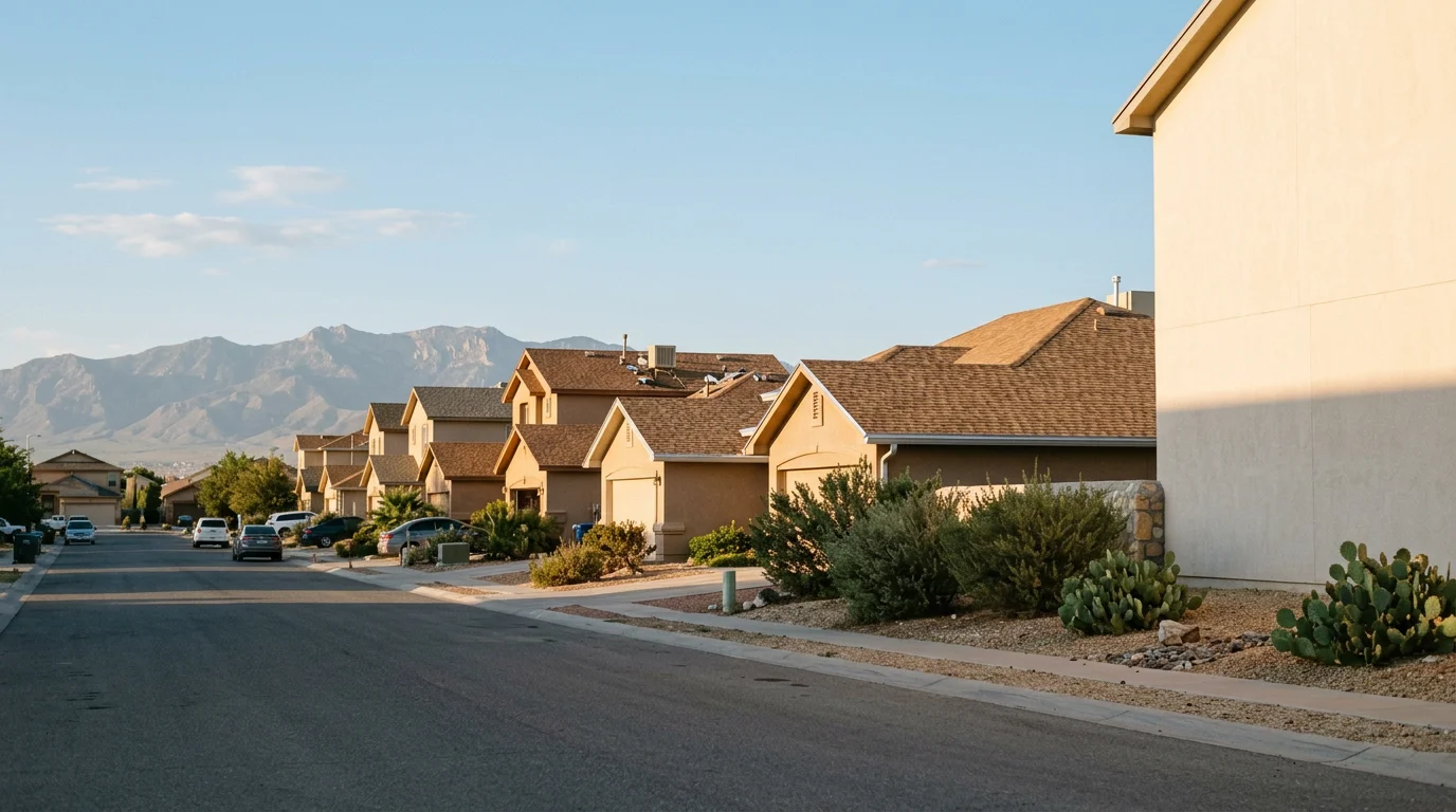 Wide view of El Paso residential street with desert landscape and mountains in the distance, showing typical single-family homes and local architecture.