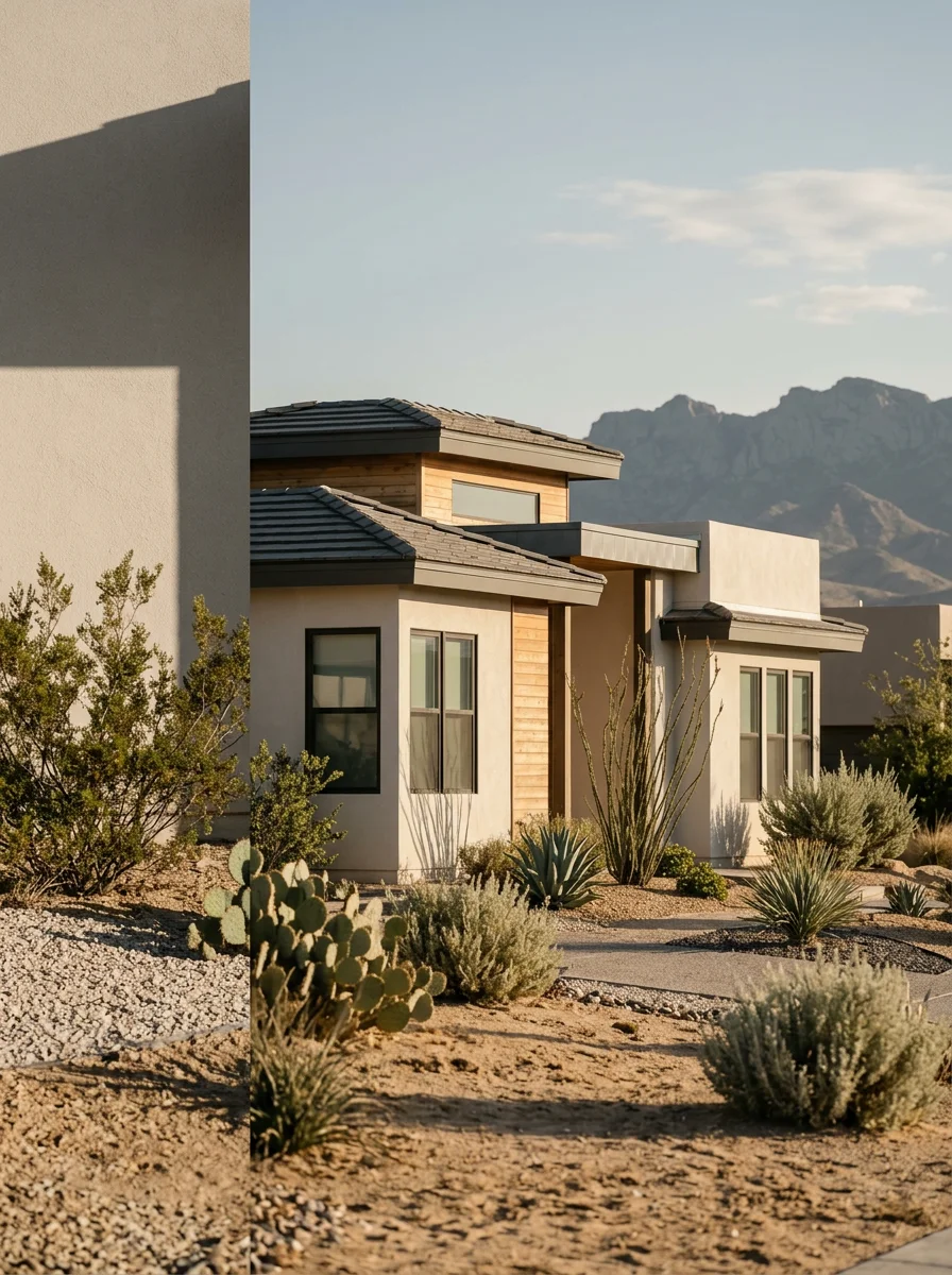 Portrait image of a modern home in Northeast El Paso with contemporary design and desert surroundings.