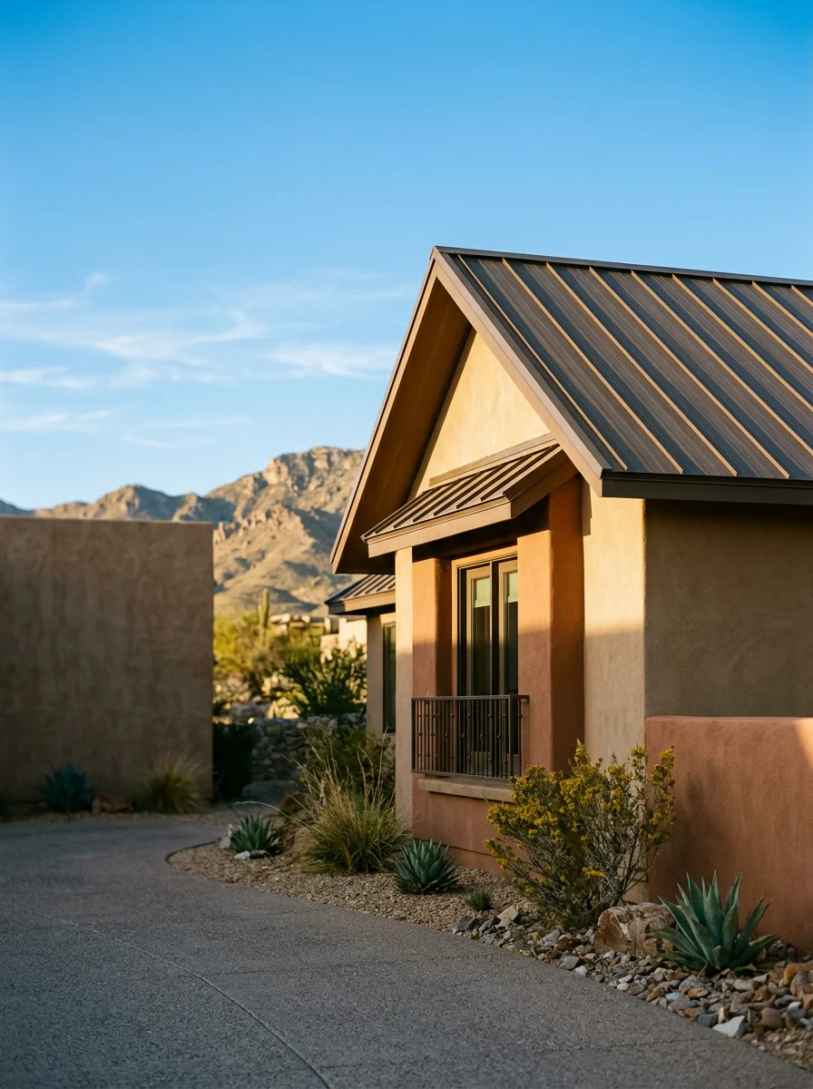 Portrait-style image of a completed home in West El Paso with local architectural details and clear desert sky.