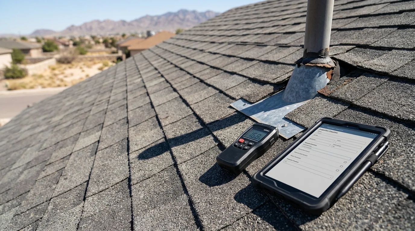 A Roofcheck Roofing inspector examining shingles and flashing on a residential roof in El Paso, Texas. The image shows a sun-bleached roofline typical of the desert Southwest with the inspector documenting findings on a flat section of the roof.
