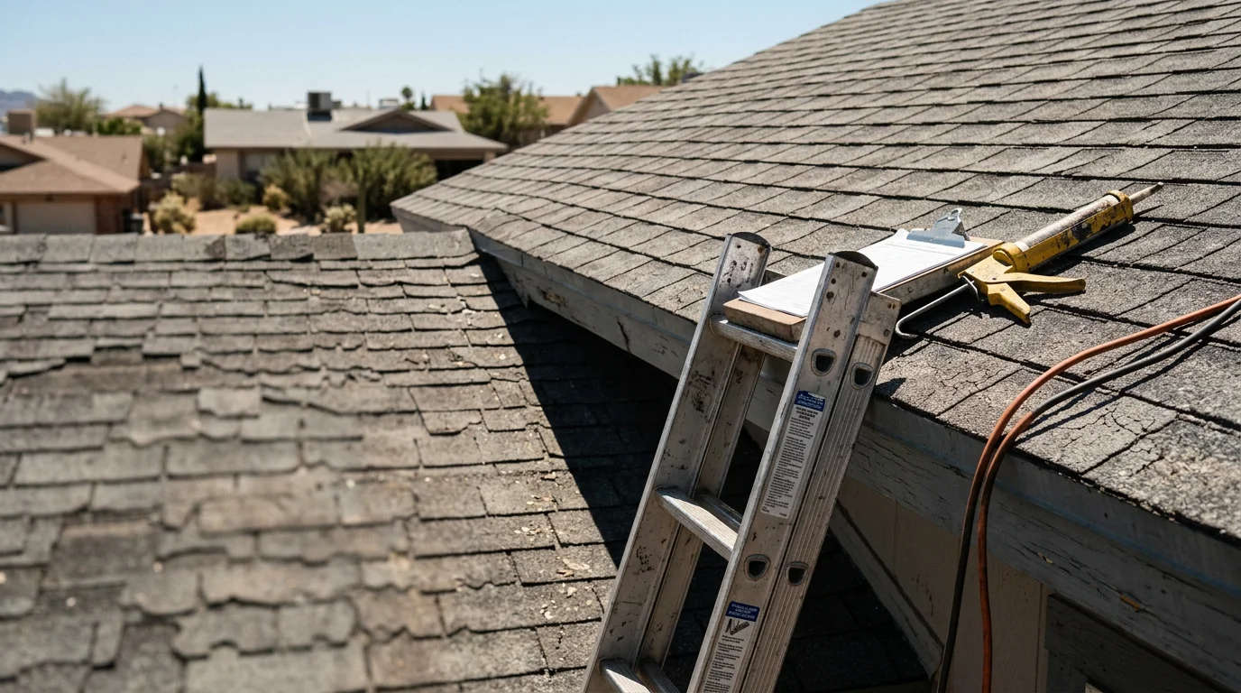 A Roofcheck Roofing technician inspecting the flashing and shingle edges on a residential roof in El Paso, Texas. The image shows a sun-bleached roofline against a clear desert sky with the technician noting wear points on a clipboard.