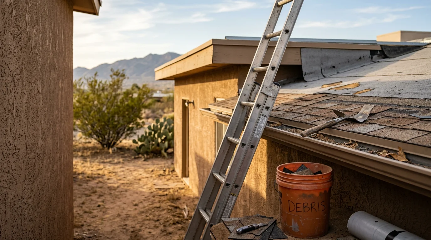 A Roofcheck Roofing crew repairing cracked and lifted shingles on a residential home in El Paso, TX under a clear desert sky. Close-up view shows repaired flashing and sealed roof surface on a Southwest-style single-family home.
