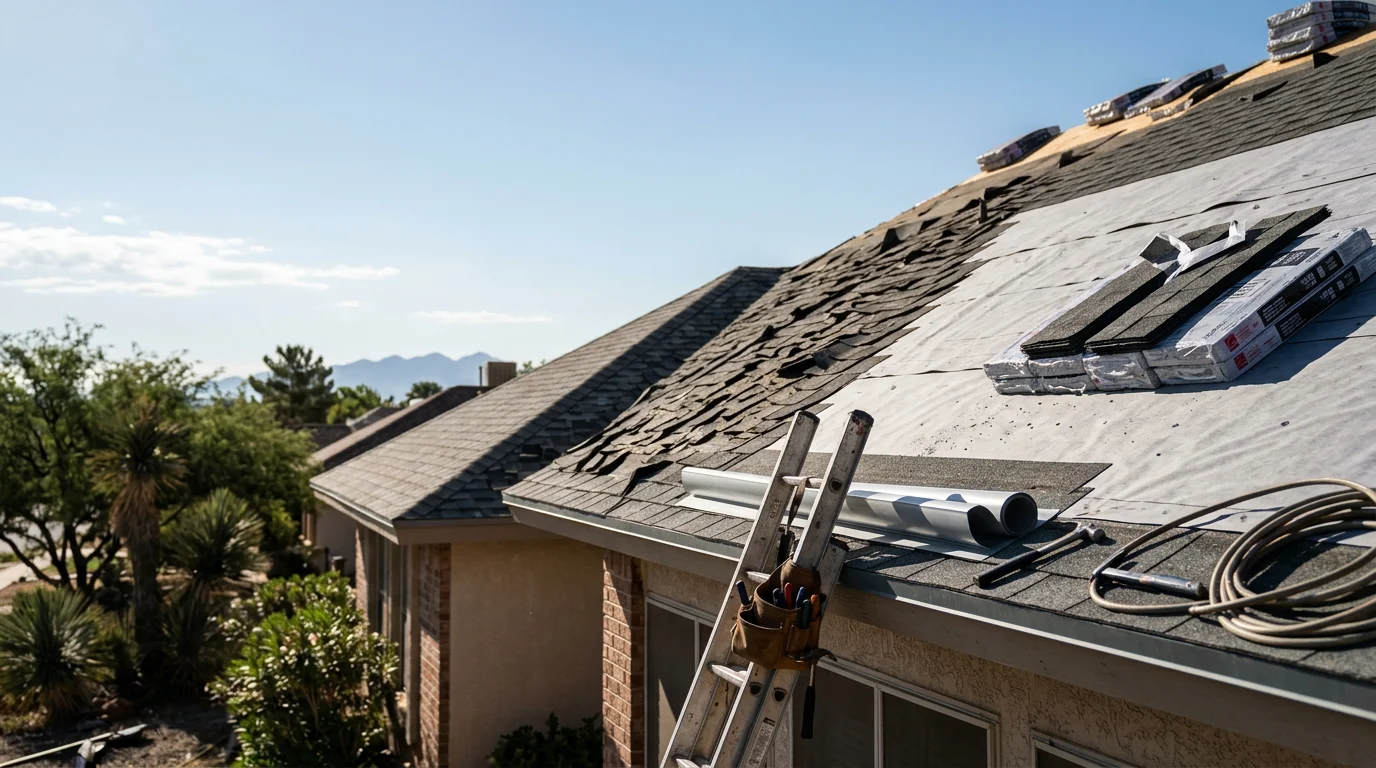 A completed residential roof replacement on an El Paso, Texas home, showing new roofing installed under clear desert skies. The home reflects the Southwest architectural style common across El Paso neighborhoods.