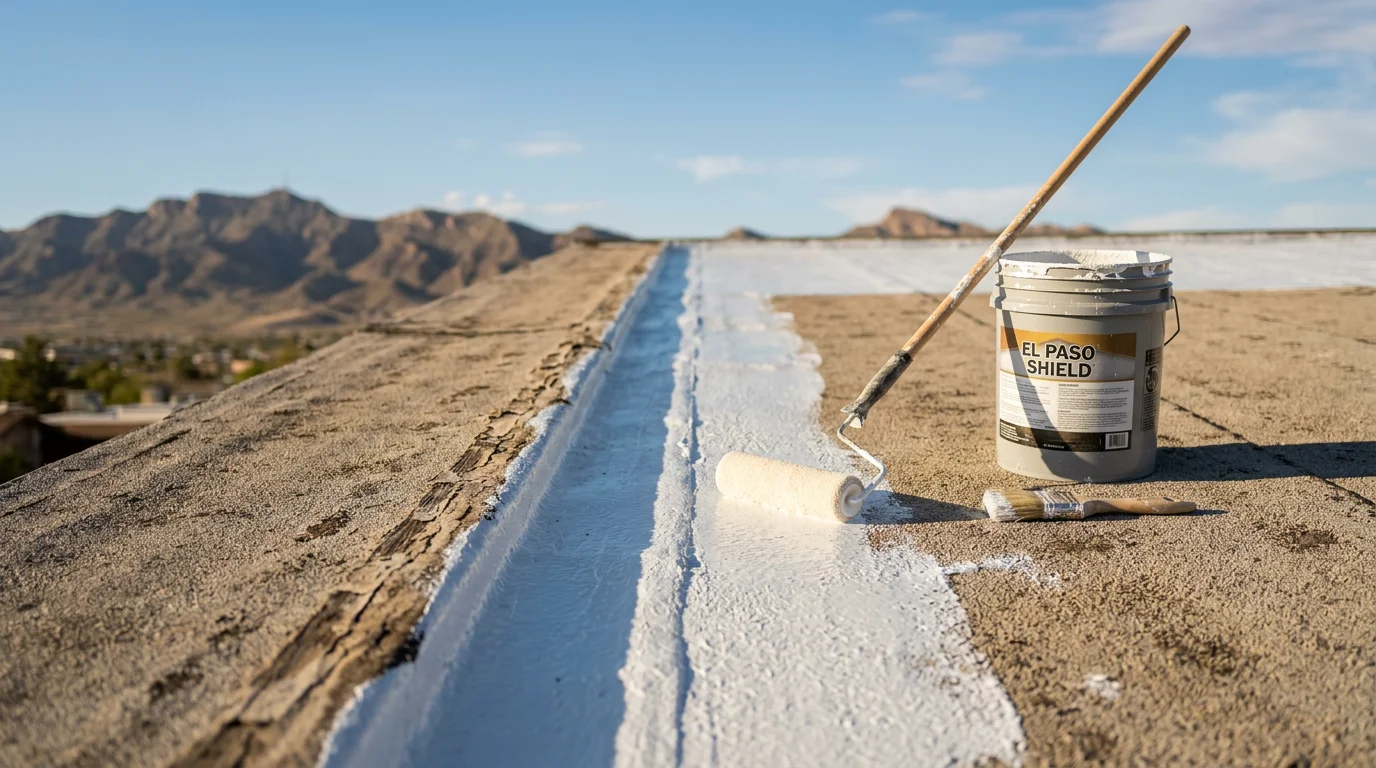 A residential flat roof in El Paso, Texas with a freshly applied white sealant coating covering the full membrane surface and sealed seams. A Roofcheck Roofing technician is visible applying sealant along the roof edge under clear desert sunlight.